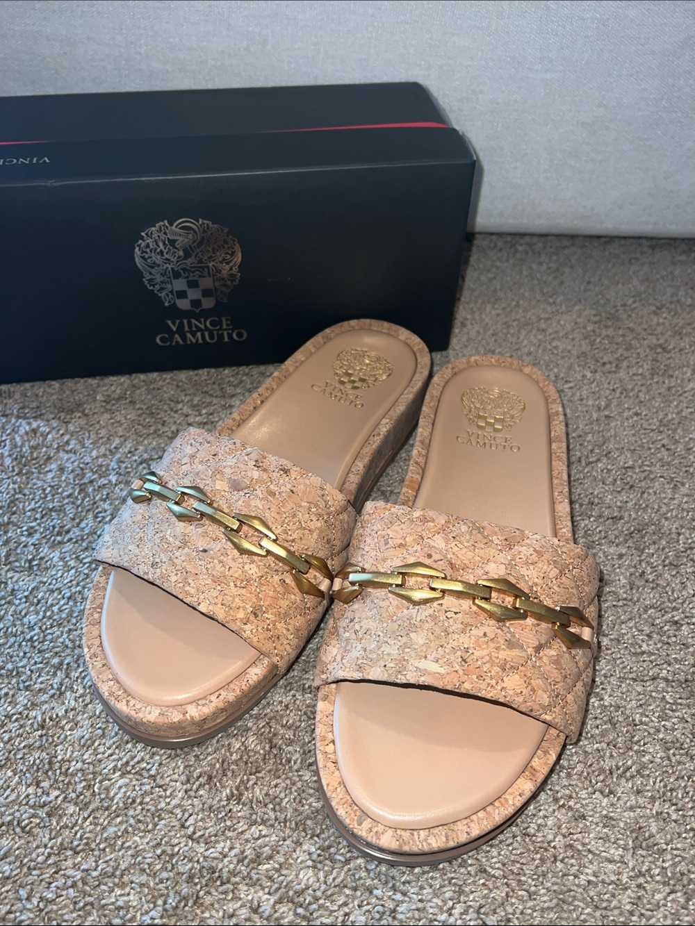 Vince Camuto Kallin Natural Cork Slide Sandals with Gold Chain Accent